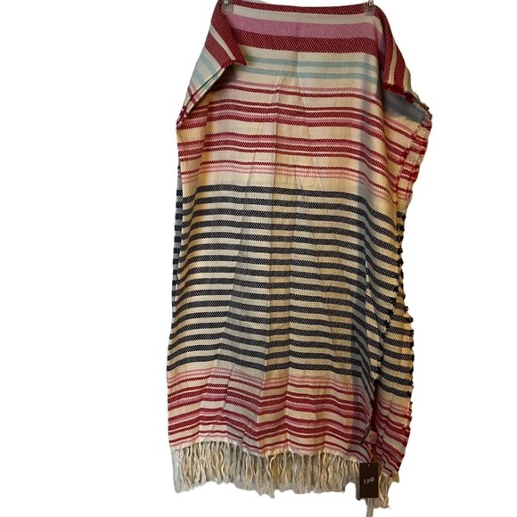J Jill Scarf Red Blue Cream Striped Cotton Geranium Fringe 70" x 46" NEW - Picture 2 of 6